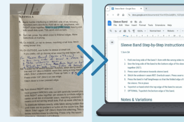 Photo of sewing instructions on one half, and laptop mockup with title Sleeve Band Step-by-Step Instructions on the other half.