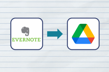 Evernote Logo in square box with blue arrow pointing to Google Drive Logo in square box.